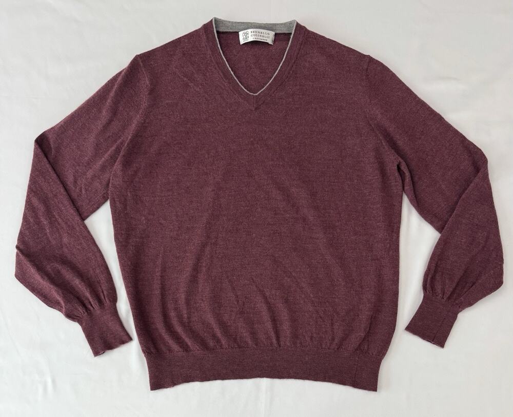 Brunello Cucinelli Cashmere Wool V Neck Sweater IT 48 Burgundy Made Italy